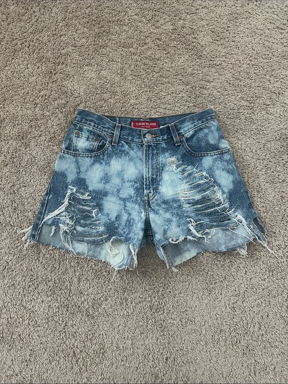 Reconstructed Levi's 550 Denim Shorts|Bleached, Distressed & Embellished Blue - Picture 2 of 5